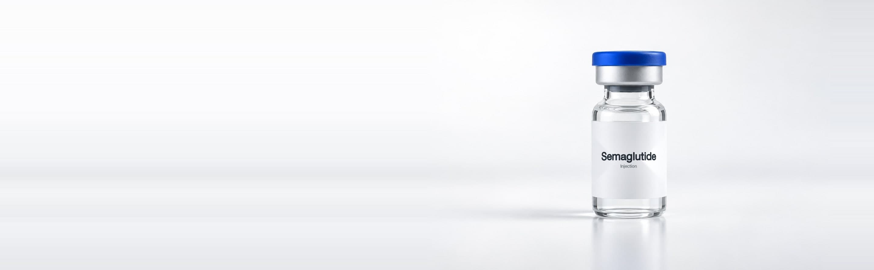 Compounded semaglutide vial on a clean studio surface